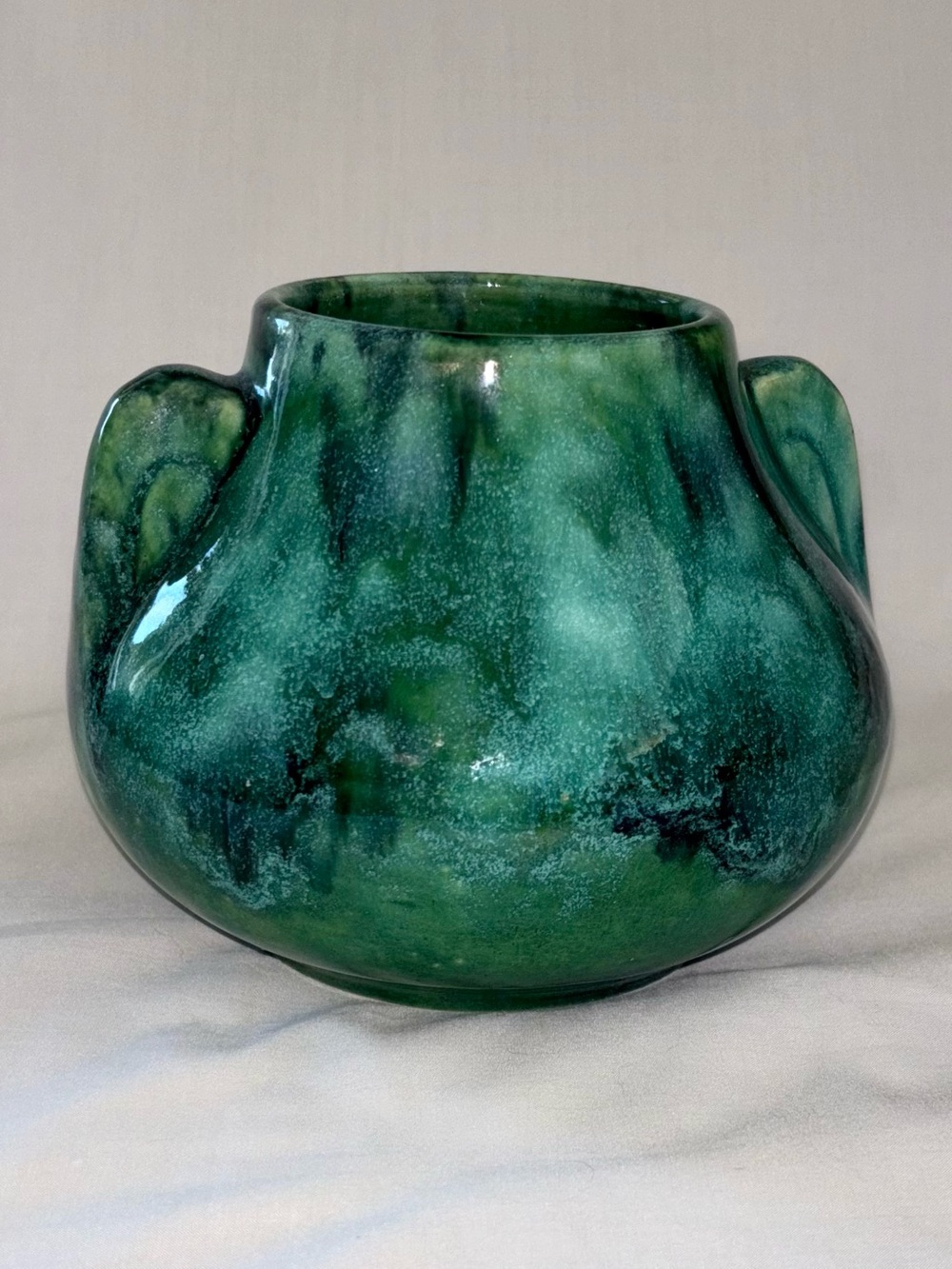 Vintage Brush McCoy Art Deco Pottery Vase #716 Ears 1930s Blue Green Onyx Gloss